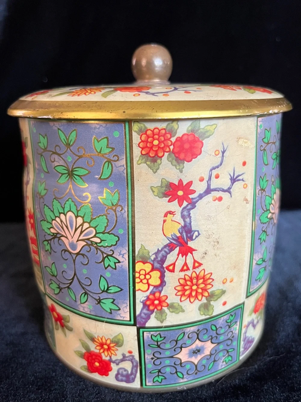 Vintage Floral Colorful Made in England Metal Container Jar With Lid